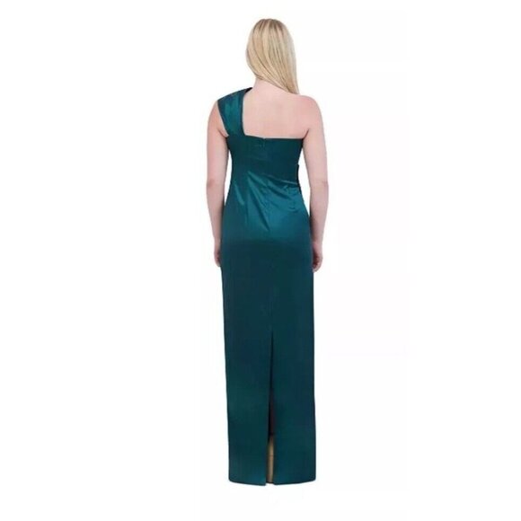 New Eliza J Women' One Shoulder Satin Sleeveless Hunter Green Sheath Gown Size 2 - Picture 2 of 10